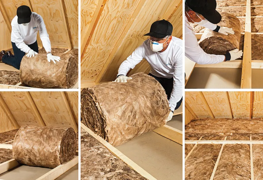 Installer placing Earthwool ceiling batts between joists